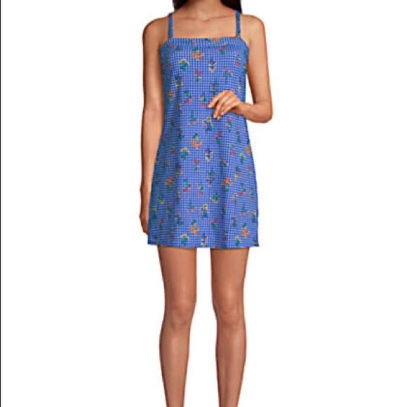 Land’s End Bandeau Dresskini electric blue botanical check top 6 - Picture 1 of 5